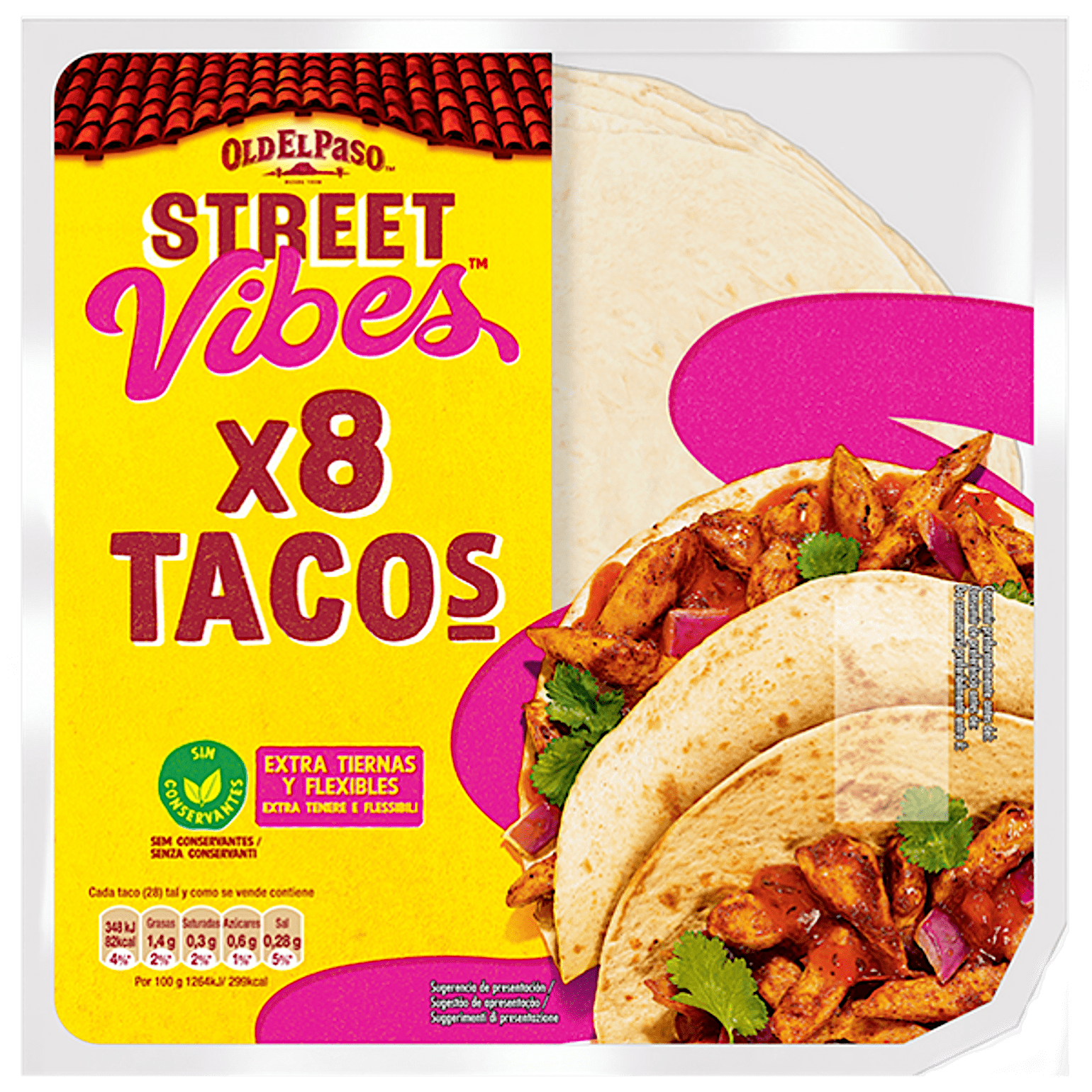un paquete de Old el paso street vibes 8 tacos suaves